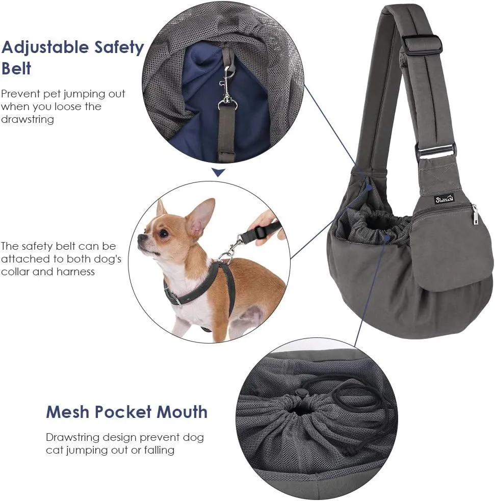 Lukovee Dog Sling Carrier, Hard Bottom Support & Adjustable Soft Padded Shoudler Strap Dog Slings for Small Dogs, Dog Purse with Drawstring Mesh Opening & Zipper Pockets for Puppy Cat Pet (Grey)