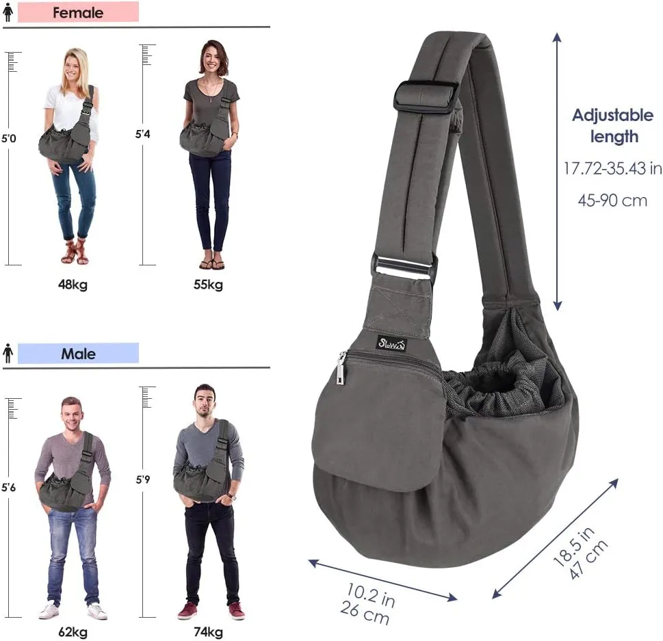 Lukovee Dog Sling Carrier, Hard Bottom Support & Adjustable Soft Padded Shoudler Strap Dog Slings for Small Dogs, Dog Purse with Drawstring Mesh Opening & Zipper Pockets for Puppy Cat Pet (Grey)