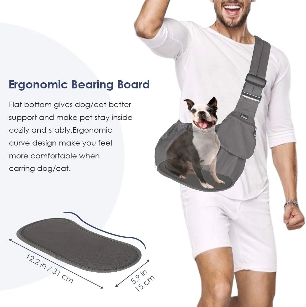 Lukovee Dog Sling Carrier, Hard Bottom Support & Adjustable Soft Padded Shoudler Strap Dog Slings for Small Dogs, Dog Purse with Drawstring Mesh Opening & Zipper Pockets for Puppy Cat Pet (Grey)