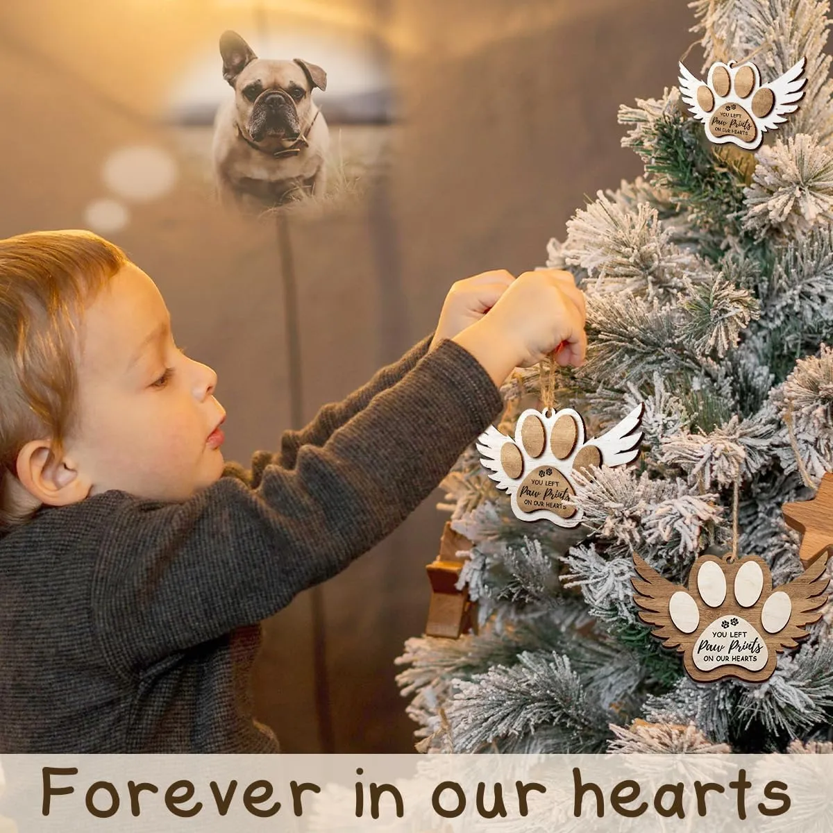 Pet Memorial Ornament, White Christmas Decor, Dog Gifts for Loss of Dog, Angel Wings Wooden Ornaments, You Left Paw Prints on Our Hearts, Dog Passing Away Gift, Dog Heaven
