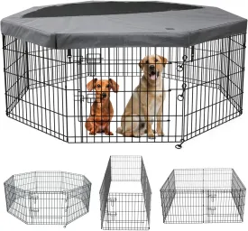 PETIME Foldable Metal Dog Exercise Pen/Pet Puppy Playpen Kennels Yard Fence Indoor/Outdoor 8 Panel 24" W x 30" H with Top Cover (with top Cover, 8 Panels 30" H)