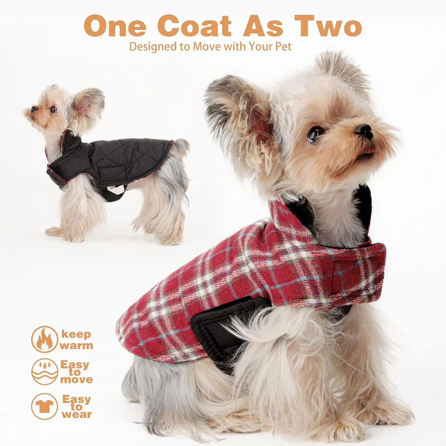 Reversible Warm Dog Coat with Hook and Loop Tape Straps: British-Style Plaid Jacket for Winter, Cozy Cold-Weather Vest for Small, Medium & Large Dogs C Ideal for Snow and Outdoor Adventures Red XXS