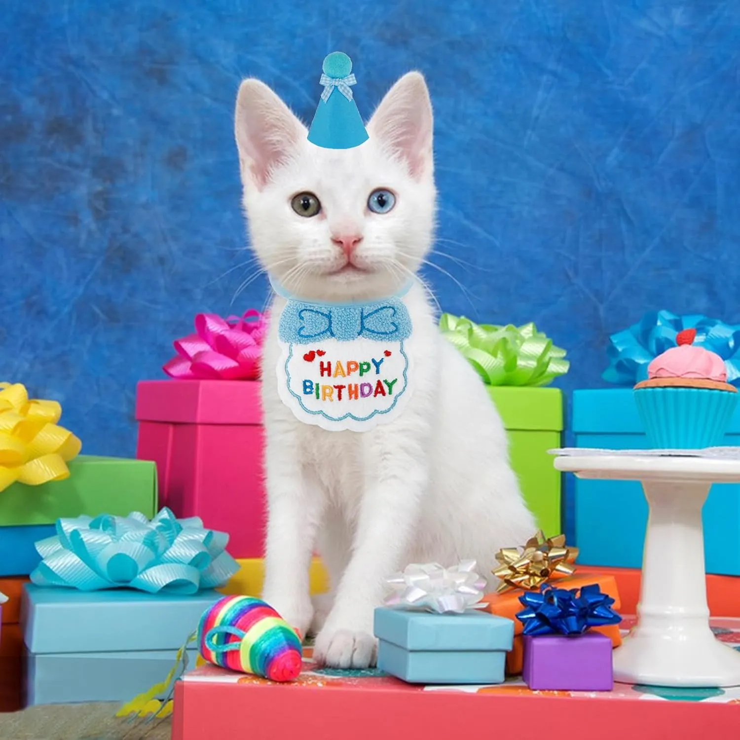 Small Dog Cat Birthday Hat Scarf Set, Cute Pet Birthday Bandana Party Supplies Puppy Happy Birthday Decorations Embroidered Birthday Gift for Girls Boys Kitten Dog(Blue)