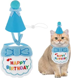 Small Dog Cat Birthday Hat Scarf Set, Cute Pet Birthday Bandana Party Supplies Puppy Happy Birthday Decorations Embroidered Birthday Gift for Girls Boys Kitten Dog(Blue)
