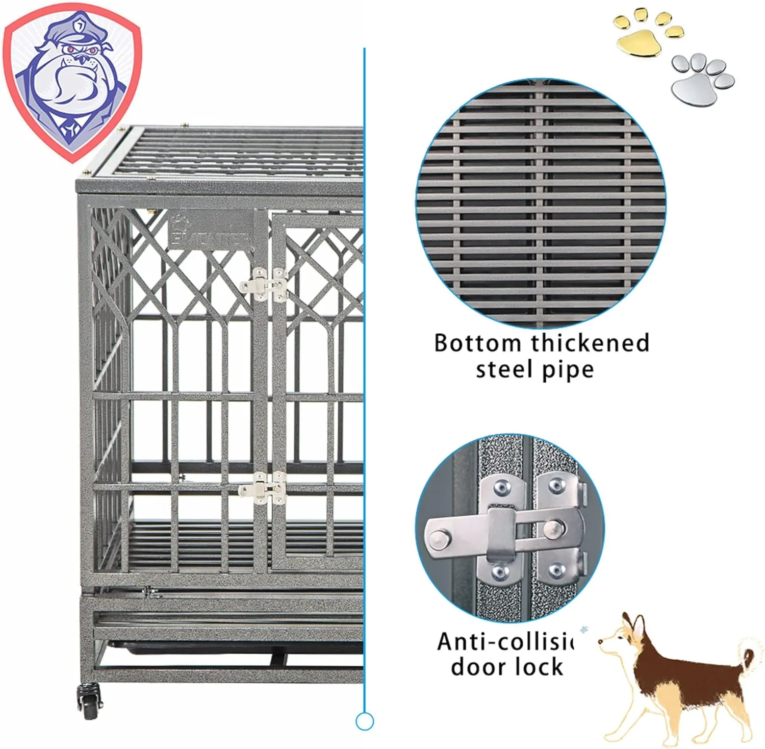 SMONTER Heavy Duty Dog Cage for Large Dog Strong Metal Kennel and Crate Pet Playpen with Three Doors, Four Wheels,38 Inch,Y Shape,Silver   