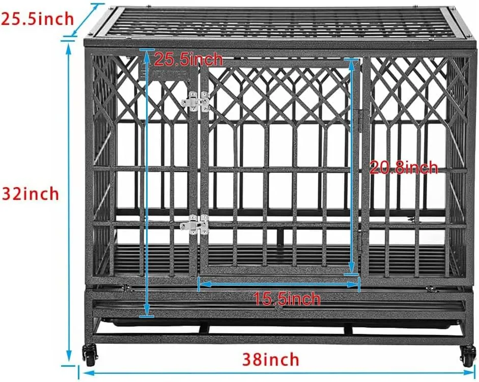SMONTER Heavy Duty Dog Cage for Large Dog Strong Metal Kennel and Crate Pet Playpen with Three Doors, Four Wheels,38 Inch,Y Shape,Silver   