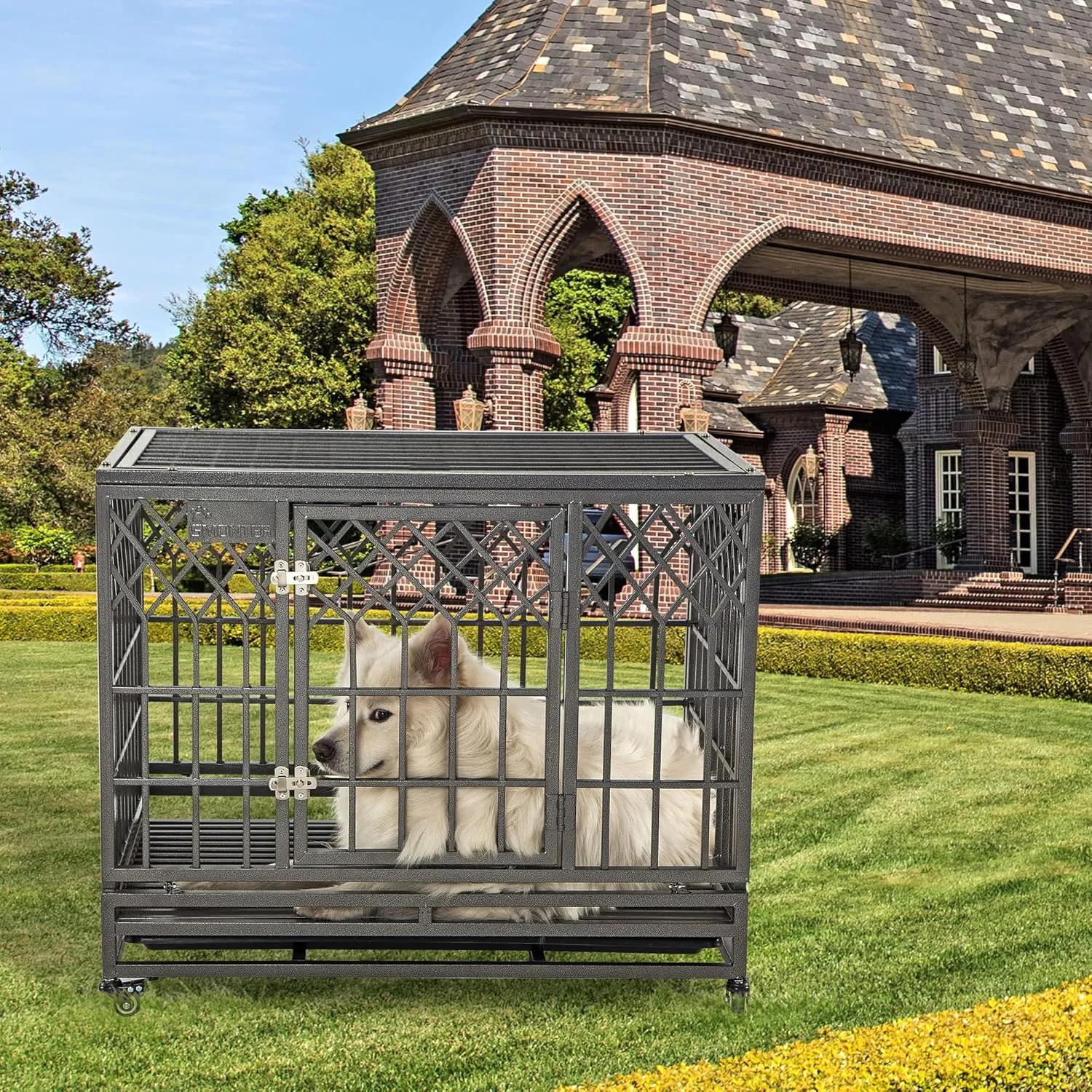 SMONTER Heavy Duty Dog Cage for Large Dog Strong Metal Kennel and Crate Pet Playpen with Three Doors, Four Wheels,38 Inch,Y Shape,Silver   