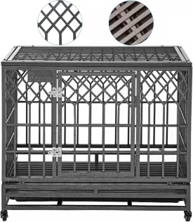 SMONTER Heavy Duty Dog Cage for Large Dog Strong Metal Kennel and Crate Pet Playpen with Three Doors, Four Wheels,38 Inch,Y Shape,Silver   