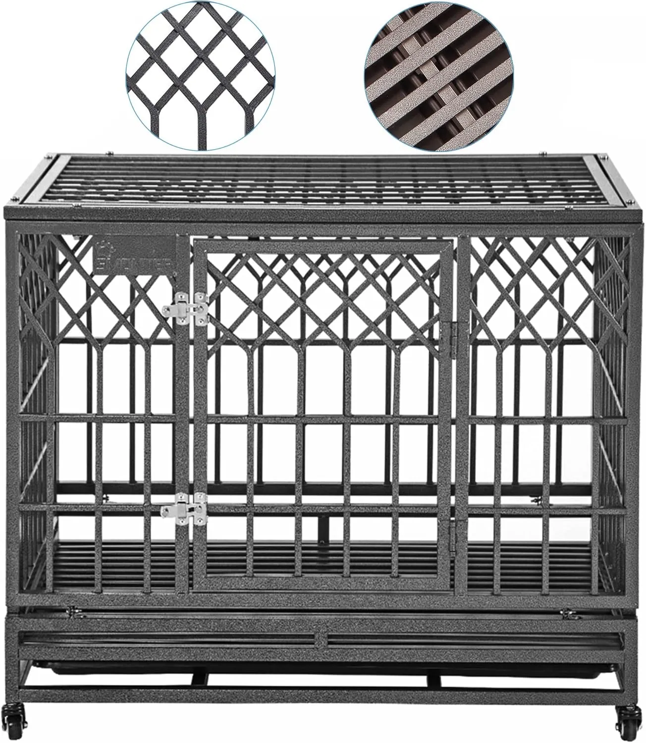 SMONTER Heavy Duty Dog Cage for Large Dog Strong Metal Kennel and Crate Pet Playpen with Three Doors, Four Wheels,38 Inch,Y Shape,Silver   