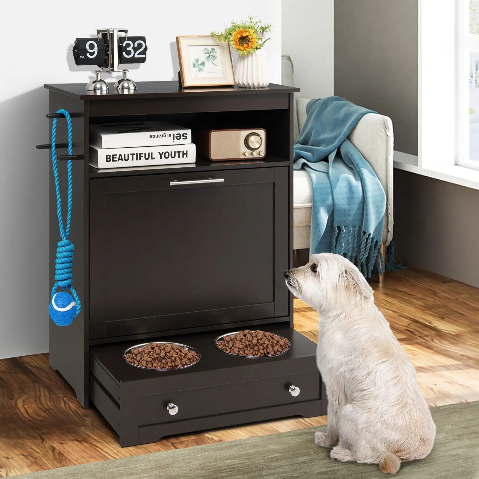 Tangkula Dog Food Storage Cabinet with Stainless Steel Double Pull Out Raised Dog Bowls for Feeding & Watering Supplies