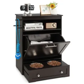 Tangkula Dog Food Storage Cabinet with Stainless Steel Double Pull Out Raised Dog Bowls for Feeding & Watering Supplies
