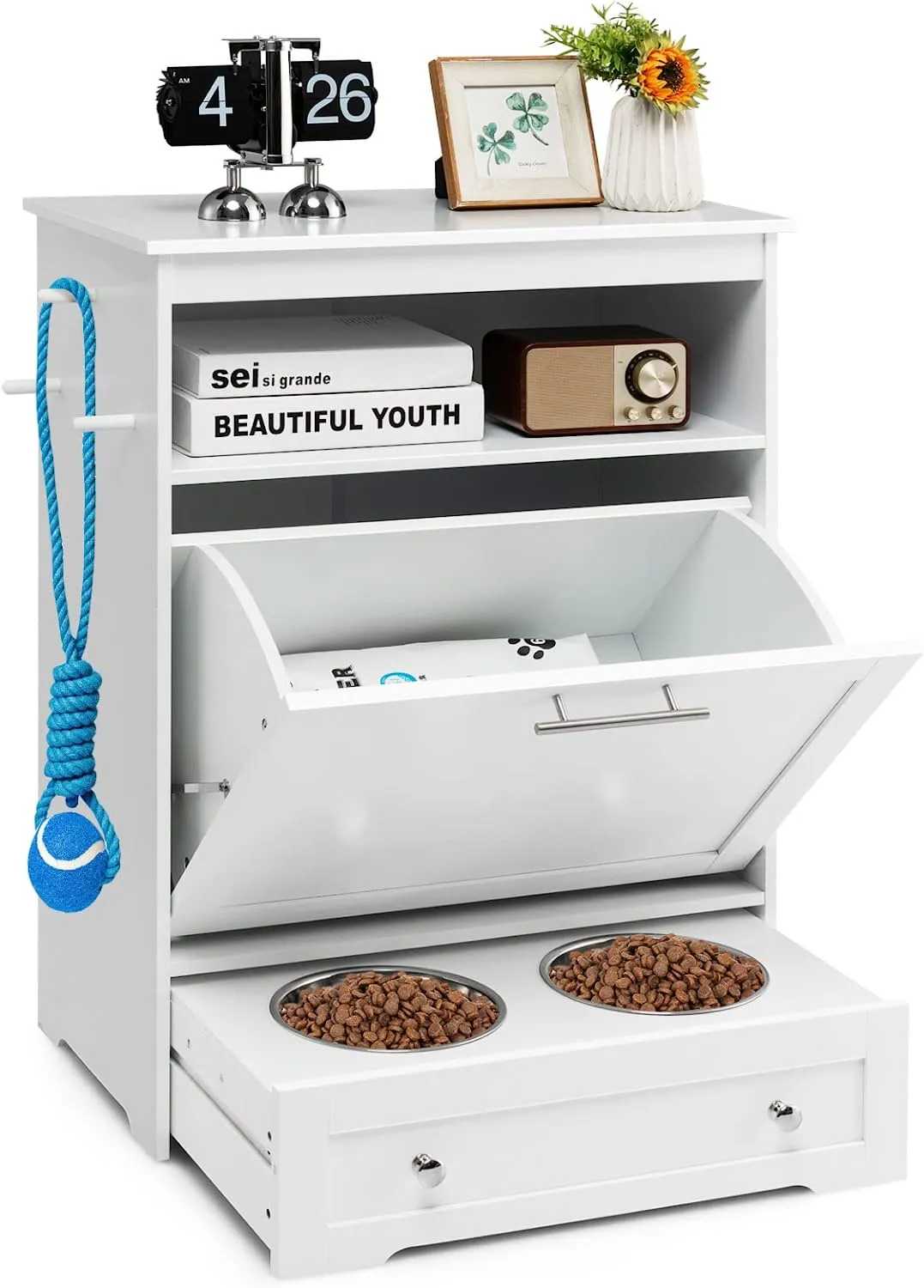 Tangkula Dog Food Storage Cabinet with Stainless Steel Double Pull Out Raised Dog Bowls for Feeding & Watering Supplies