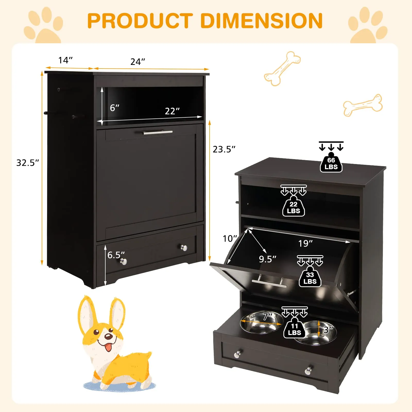 Tangkula Dog Food Storage Cabinet with Stainless Steel Double Pull Out Raised Dog Bowls for Feeding & Watering Supplies