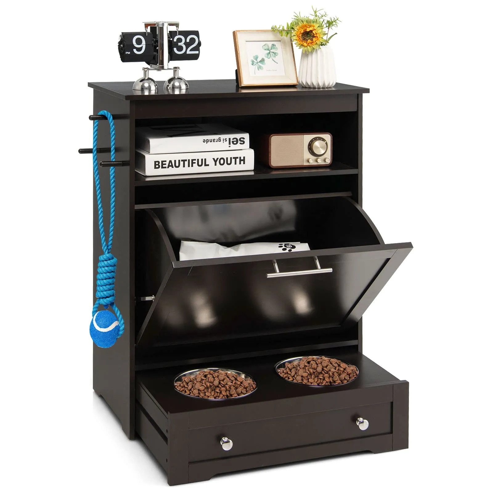Tangkula Dog Food Storage Cabinet with Stainless Steel Double Pull Out Raised Dog Bowls for Feeding & Watering Supplies