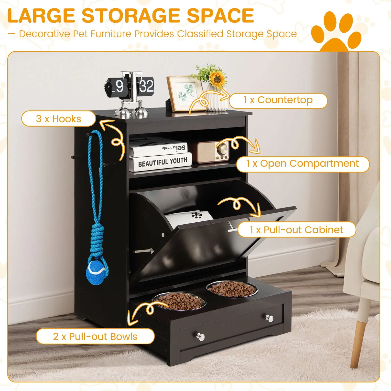 Tangkula Dog Food Storage Cabinet with Stainless Steel Double Pull Out Raised Dog Bowls for Feeding & Watering Supplies