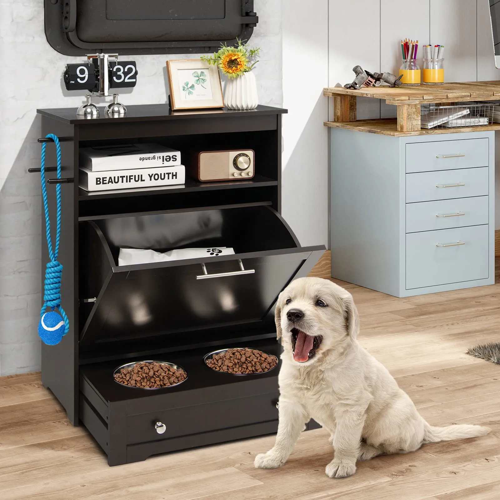 Tangkula Dog Food Storage Cabinet with Stainless Steel Double Pull Out Raised Dog Bowls for Feeding & Watering Supplies