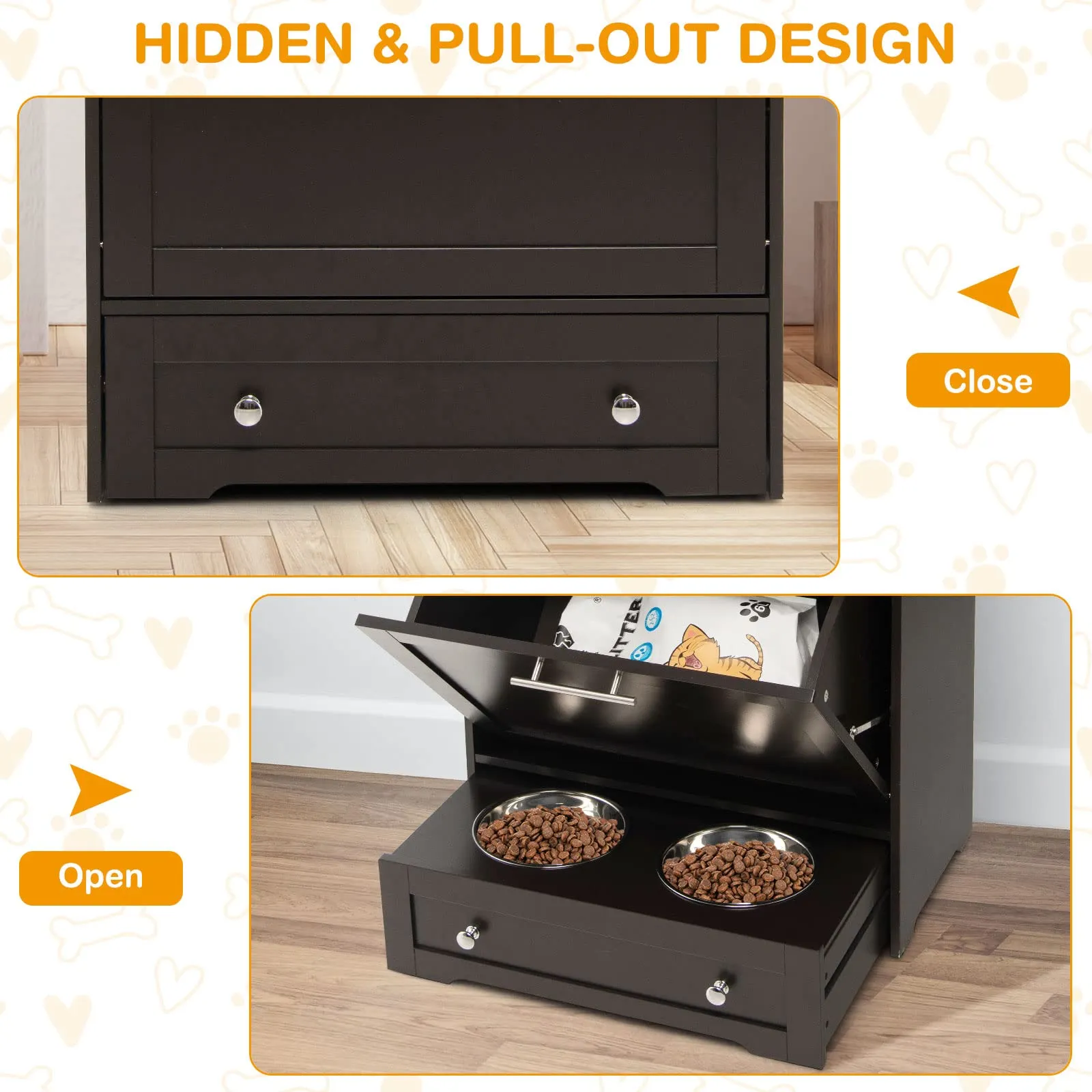 Tangkula Dog Food Storage Cabinet with Stainless Steel Double Pull Out Raised Dog Bowls for Feeding & Watering Supplies