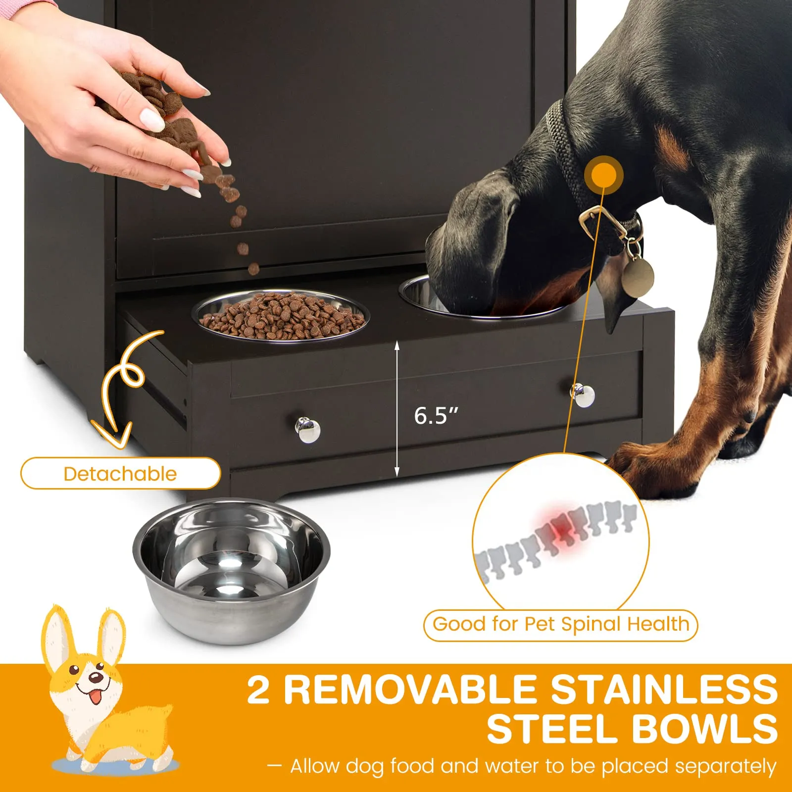 Tangkula Dog Food Storage Cabinet with Stainless Steel Double Pull Out Raised Dog Bowls for Feeding & Watering Supplies