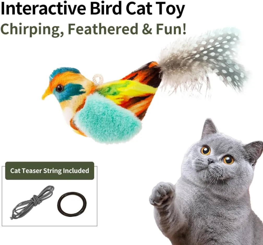 Touch Moving Pet chew, Plush, Interactive Small and Medium Pet Plush Toys Interactive Toys with Feather Built-in Battery Catnip Chirp Chew Bird Sound Playing Cat Toys.