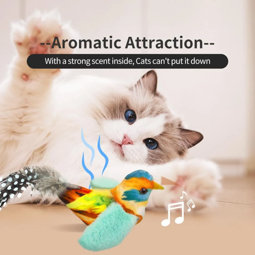 Touch Moving Pet chew, Plush, Interactive Small and Medium Pet Plush Toys Interactive Toys with Feather Built-in Battery Catnip Chirp Chew Bird Sound Playing Cat Toys.