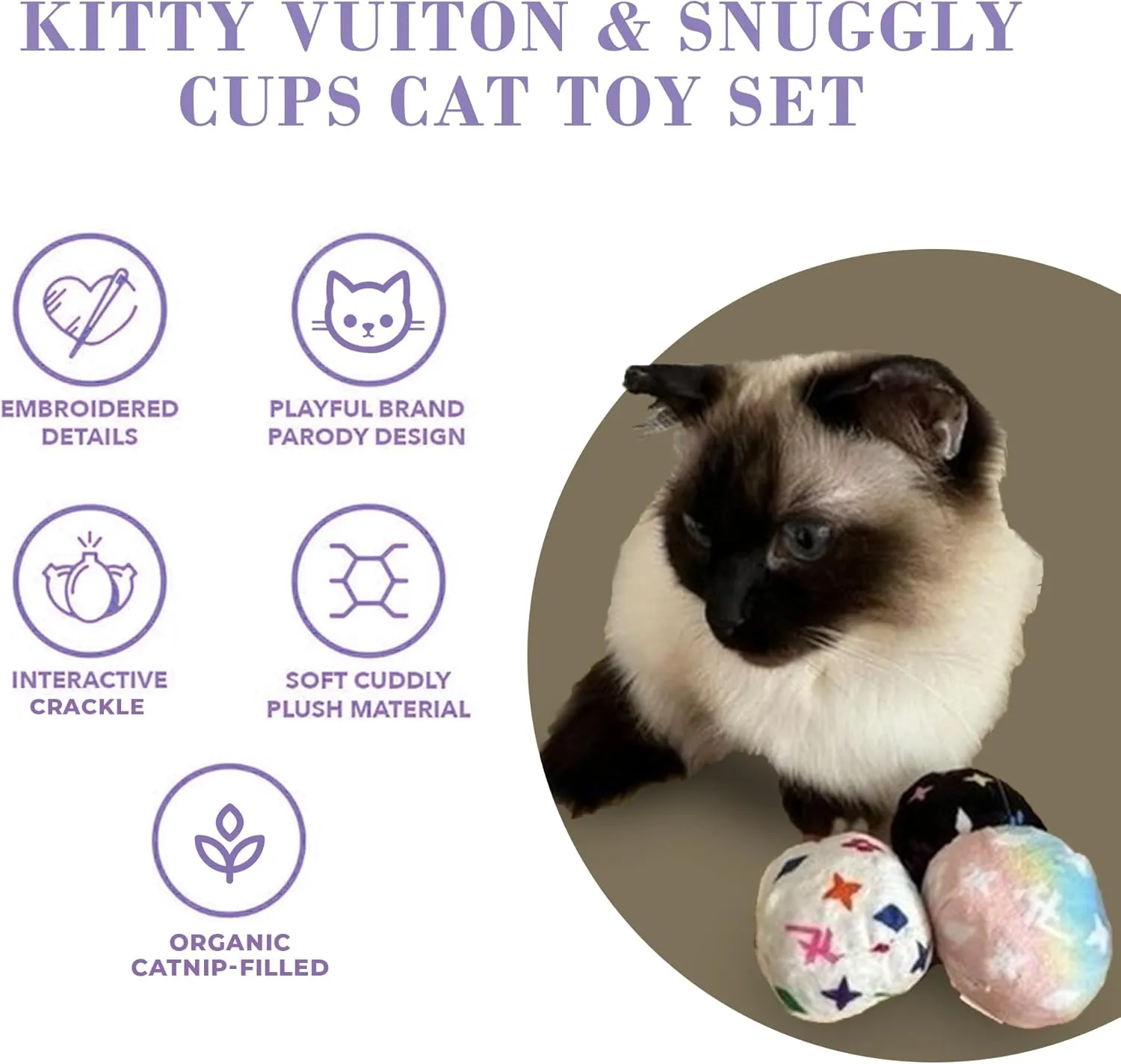 Vuiton Monogram Balls   Snuggly Cups Set, Plush Cat Toys Catnip Filled with Interactive Crackle Sound, Safe & Durable Toys for Cat & Kitten, 6 Pcs