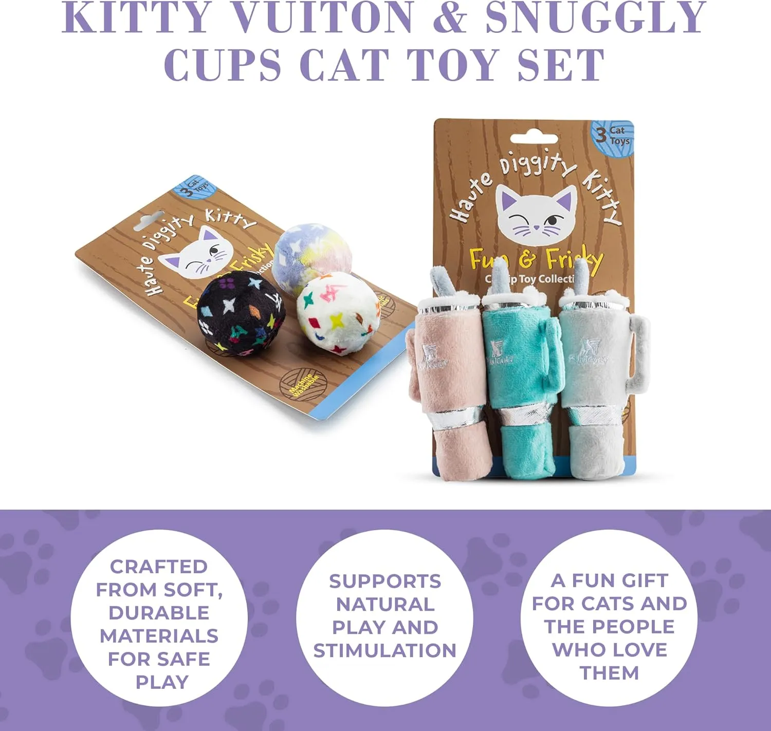 Vuiton Monogram Balls   Snuggly Cups Set, Plush Cat Toys Catnip Filled with Interactive Crackle Sound, Safe & Durable Toys for Cat & Kitten, 6 Pcs