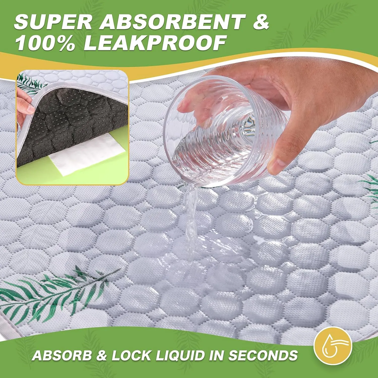 Washable Pee Pads for Dogs, 2Pack Reusable Puppy Pads, Super Absorbent & Leakproof Dog Pads, Anti-Slip Dog Pee Pads for Puppy Training & Incontinence, Leaf Pattern 48"x48"