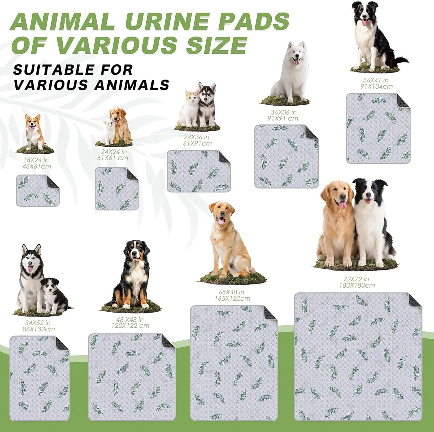 Washable Pee Pads for Dogs, 2Pack Reusable Puppy Pads, Super Absorbent & Leakproof Dog Pads, Anti-Slip Dog Pee Pads for Puppy Training & Incontinence, Leaf Pattern 48"x48"