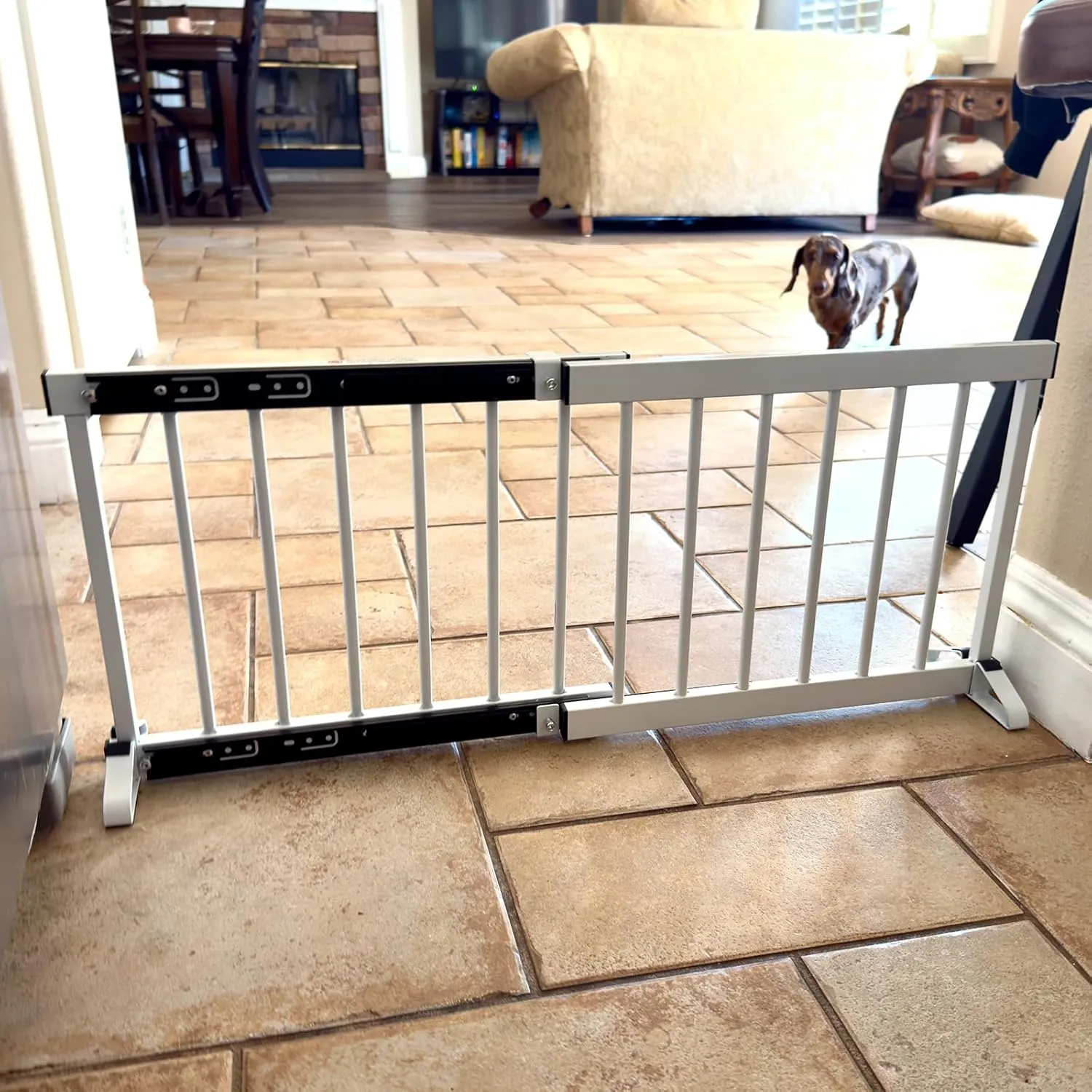 White Metal Dog Gate for Small Dogs - 13.3" Short Freestanding Puppy Gate with Retractable Sliding Rail, No Installation, Indoor/Outdoor Use, Foldable & Portable Pet Barrier