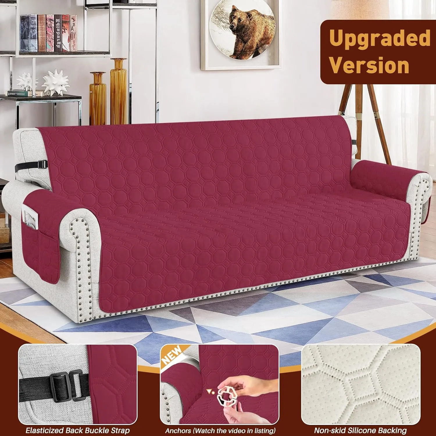 XINEAGE Oversized Couch Cover for 3 Cushion Couch Sofa Cover for Dogs 100% Waterproof Furniture Protector Slipcover with Elastic Straps for Pet (Large Sofa 79", Wine Red)