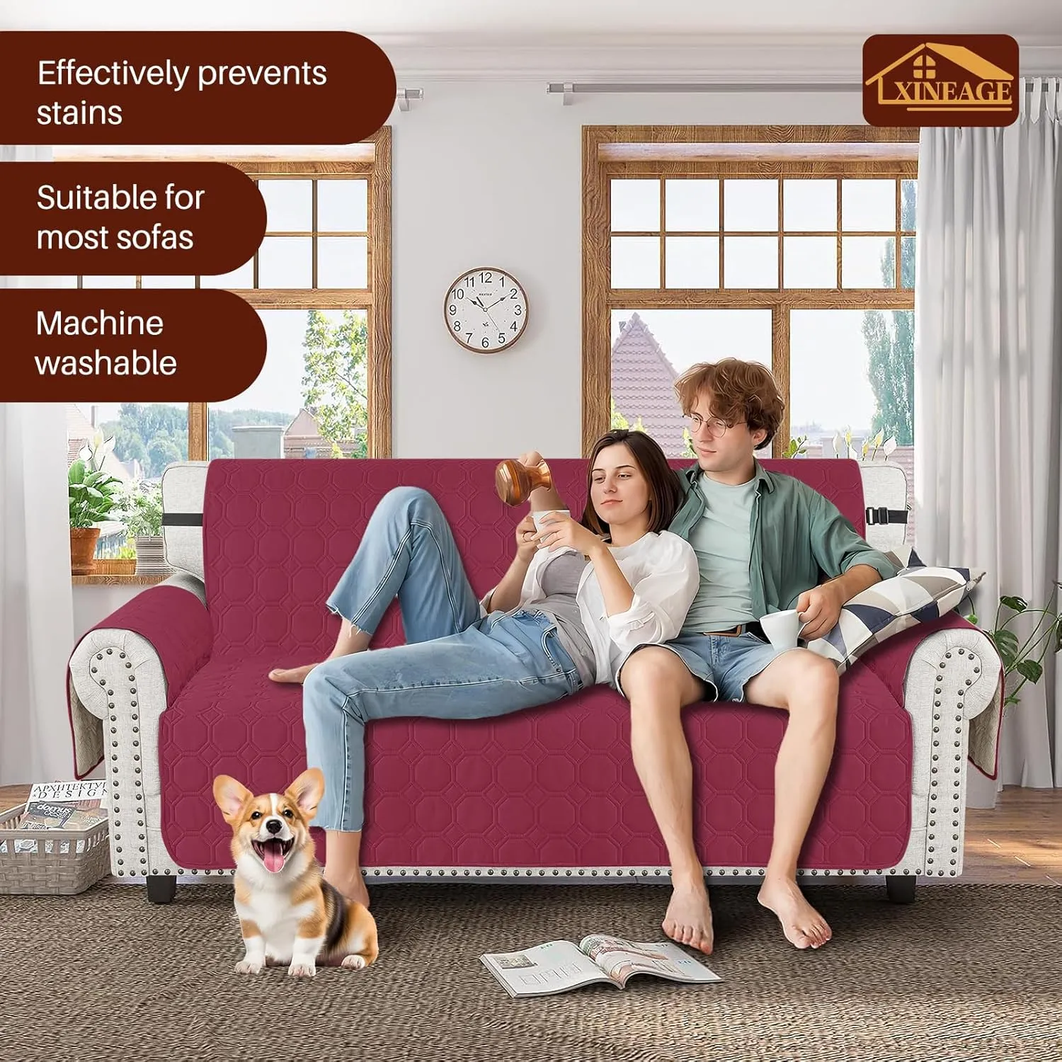 XINEAGE Oversized Couch Cover for 3 Cushion Couch Sofa Cover for Dogs 100% Waterproof Furniture Protector Slipcover with Elastic Straps for Pet (Large Sofa 79", Wine Red)