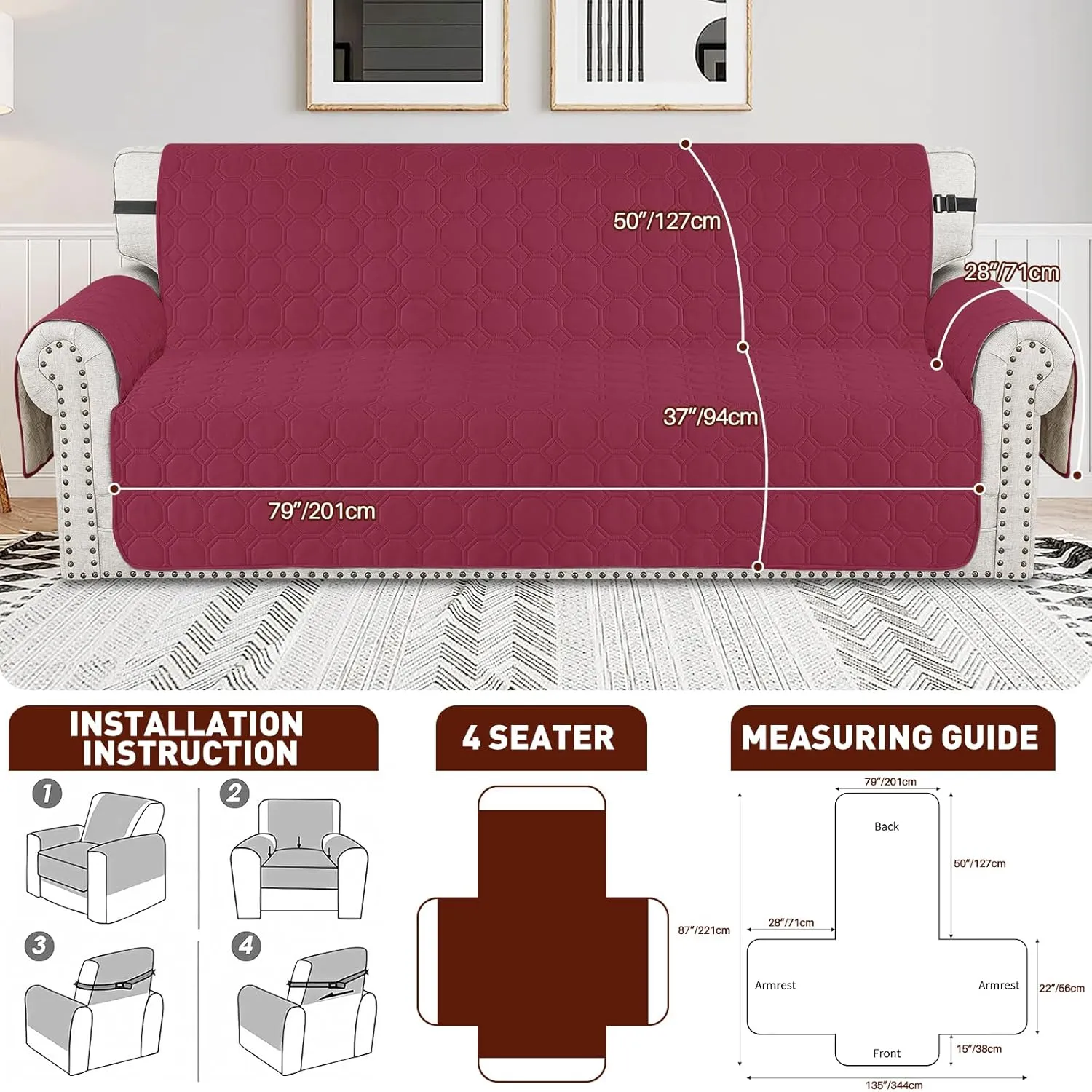 XINEAGE Oversized Couch Cover for 3 Cushion Couch Sofa Cover for Dogs 100% Waterproof Furniture Protector Slipcover with Elastic Straps for Pet (Large Sofa 79", Wine Red)