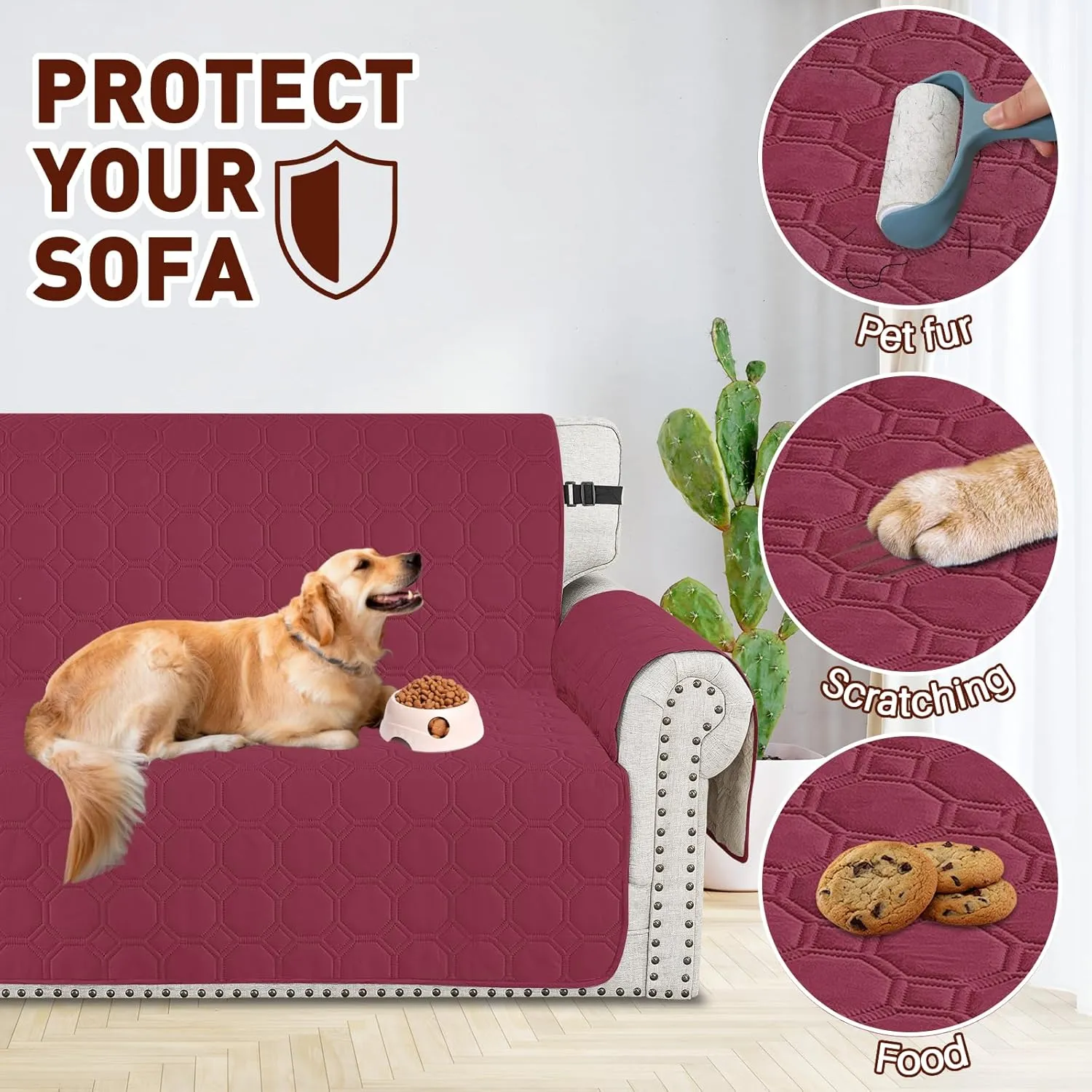 XINEAGE Oversized Couch Cover for 3 Cushion Couch Sofa Cover for Dogs 100% Waterproof Furniture Protector Slipcover with Elastic Straps for Pet (Large Sofa 79", Wine Red)