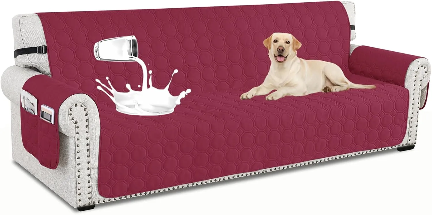 XINEAGE Oversized Couch Cover for 3 Cushion Couch Sofa Cover for Dogs 100% Waterproof Furniture Protector Slipcover with Elastic Straps for Pet (Large Sofa 79", Wine Red)